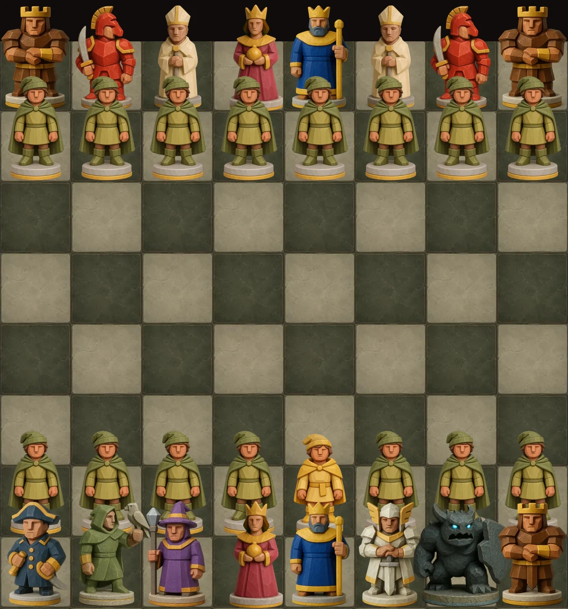 Ein Gefecht in Gambit Rise: die eigene Reihe mit Kapitän, Späher, Magier, Dame, König, Paladin, dem Wächter und einem Turm