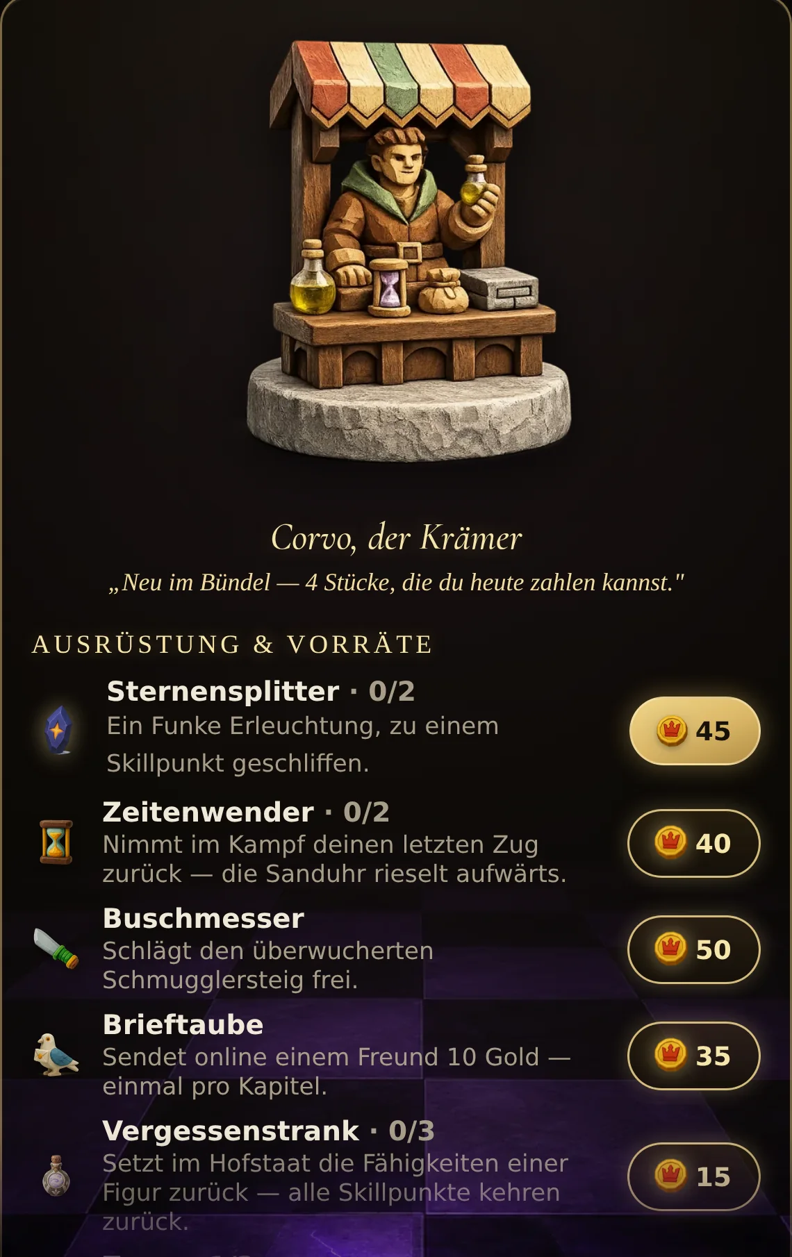 Corvo, der Krämer, mit seinen Waren