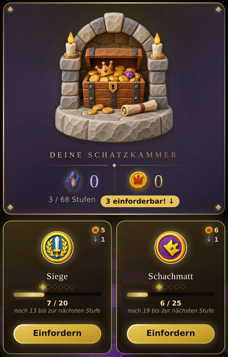 Die Schatzkammer: Taten wie Siege und Schachmatts bringen Gold und Skillpunkte zum Einfordern